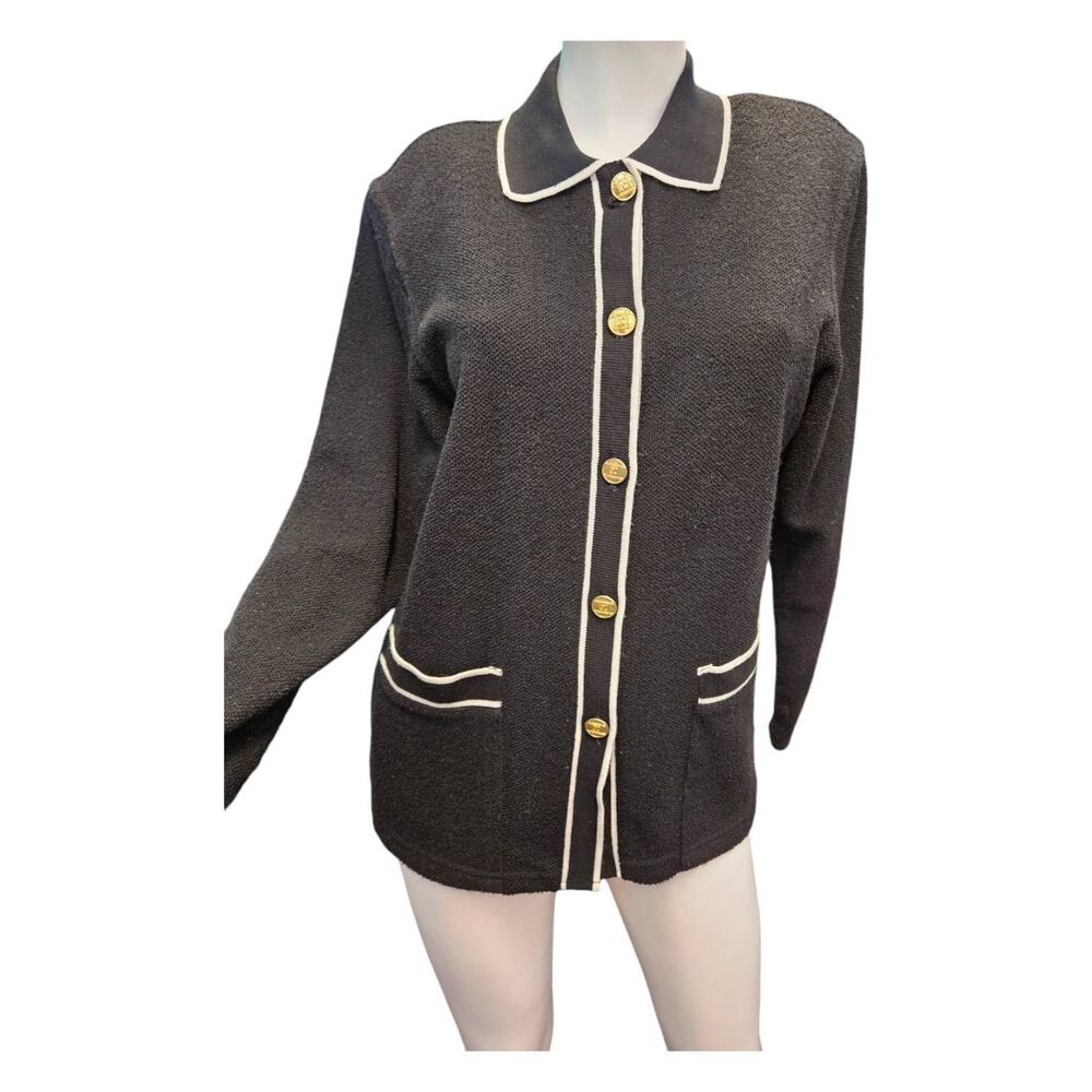 C.D. Petites Black Cardigan Womens Medium White Trim